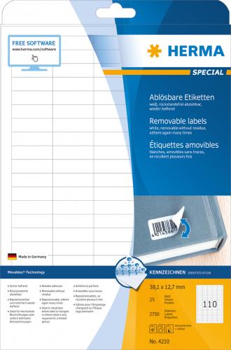 Etiketten Herma 4210 weiß 38,1 x 12,7mm wiederablösbar 2750 St/Pg Etiketten Herma 4210 weiß 38,1 x 12,7mm wiederablösbar 2750 St/Pg