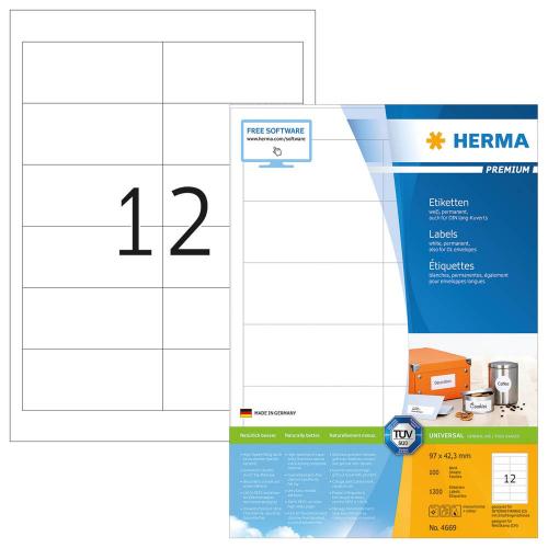 Etiketten HERMA Premium 4669 weiß, permanent 97 x 42,3 mm, 100 Blatt Etiketten HERMA Premium 4669 weiß, permanent 97 x 42,3 mm, 100 Blatt
